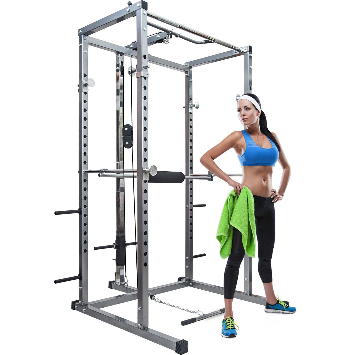 Multi-Function Power Cage, Aukfa Power Squat Rack, Home Gym Exercise Bench Press Weightlifting Workout Station, Solid Steel Chrome Pull Up Bar with Knurled Grips