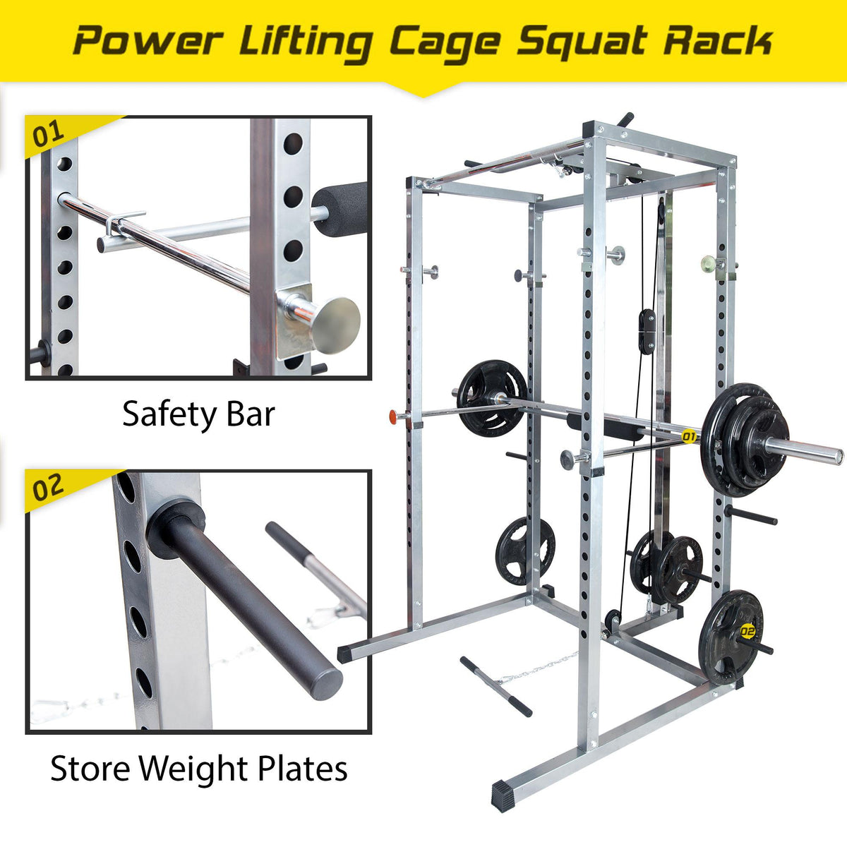 Multi-Function Power Cage, Aukfa Power Squat Rack, Home Gym Exercise Bench Press Weightlifting Workout Station, Solid Steel Chrome Pull Up Bar with Knurled Grips