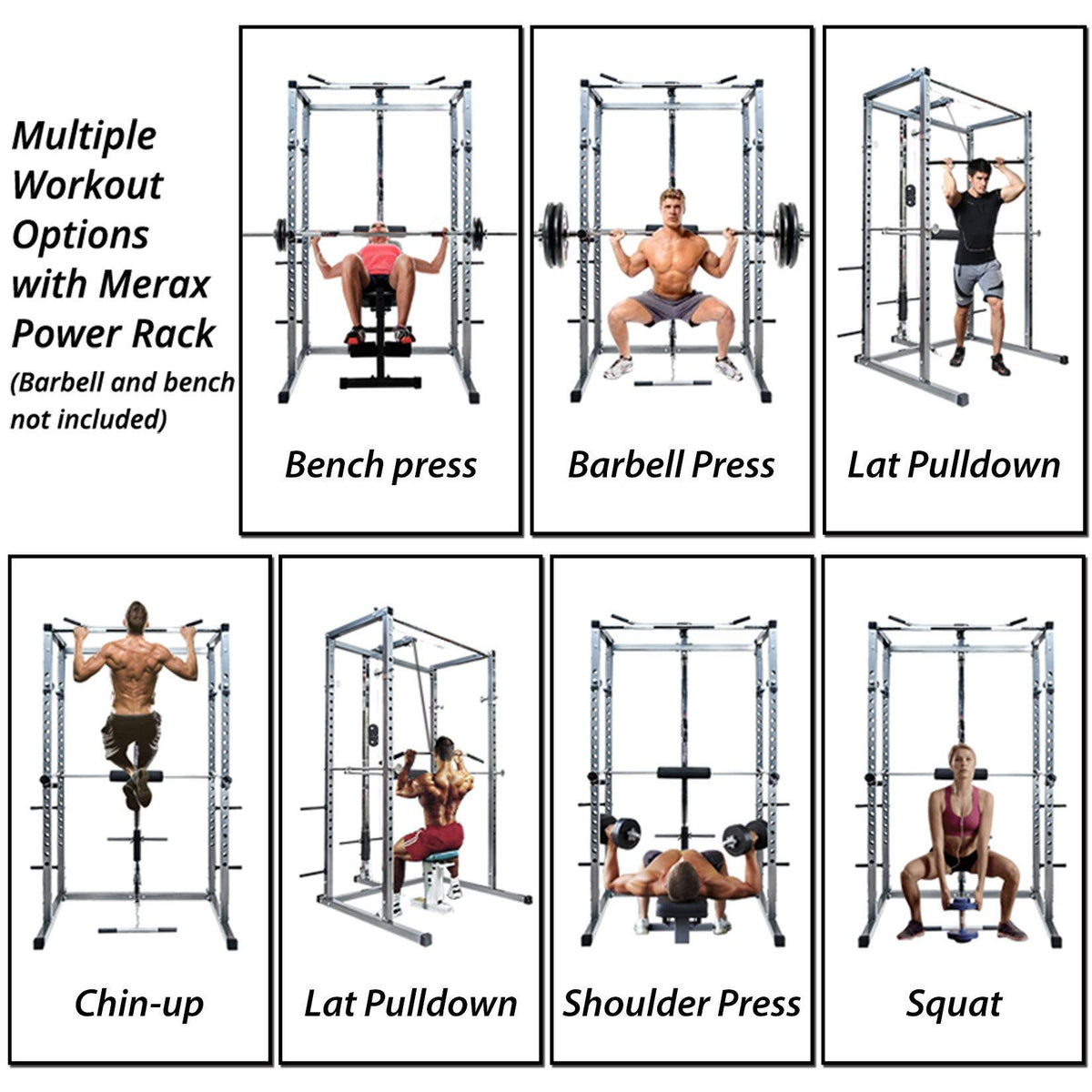 Multi-Function Power Cage, Aukfa Power Squat Rack, Home Gym Exercise Bench Press Weightlifting Workout Station, Solid Steel Chrome Pull Up Bar with Knurled Grips