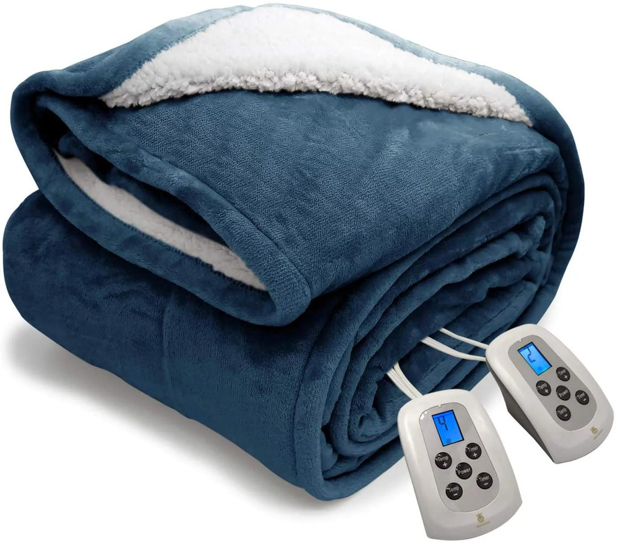 Electric Blanket Washable with Dual Controllers, Heated Sherpa &amp; Reversible Flannel Warm Blanket Throw, Oversized Fast Heating with 10 Settings/Safety 10 Hours Auto-Off(100X90'' Navy Blue)