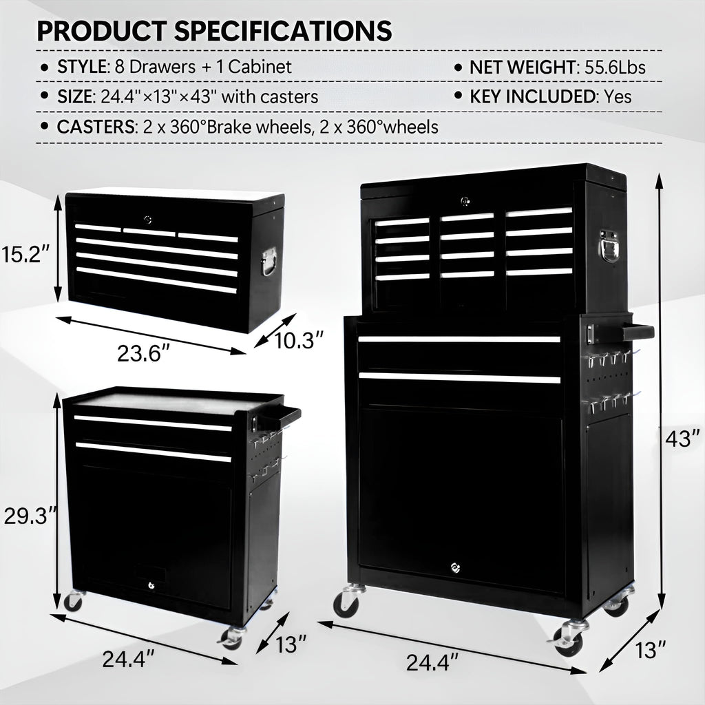 8-Drawer Rolling Tool Chest with Multiple Drawers, Heavy Duty Metal Tool Cabinet for Garaand Workshop Storage, Lockable Top Chest, Black