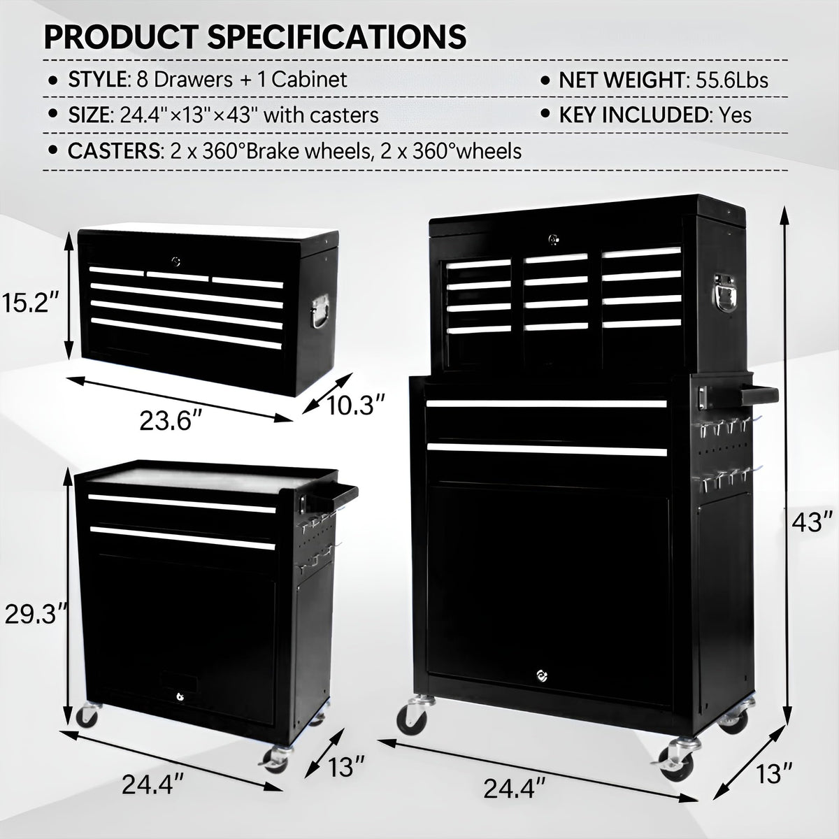 8-Drawer Rolling Tool Chest with Multiple Drawers, Heavy Duty Metal Tool Cabinet for Garaand Workshop Storage, Lockable Top Chest, Black