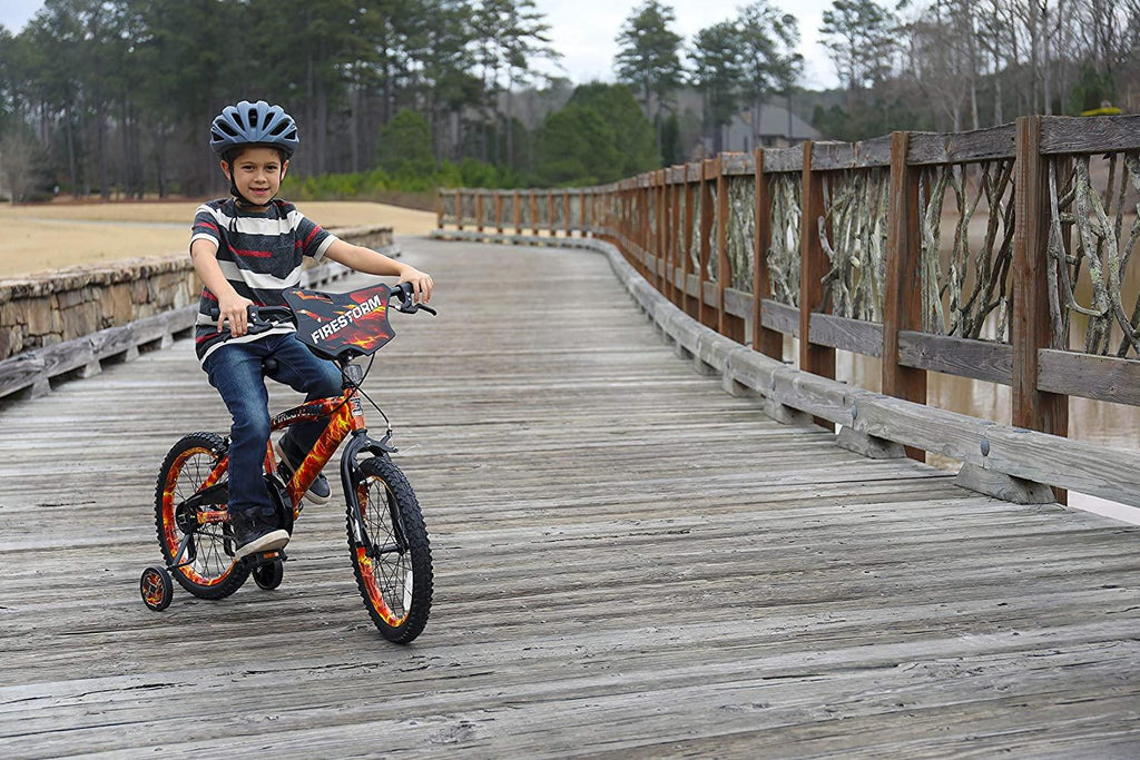Dycft Your Little Guy is Going to Have a Blast Riding Around, Unique and Exciting 18" Boys Firestorm Bike,with Handlebar Shield,Adjustable,Removable Training Wheels,Front,Rear Caliper Brakes