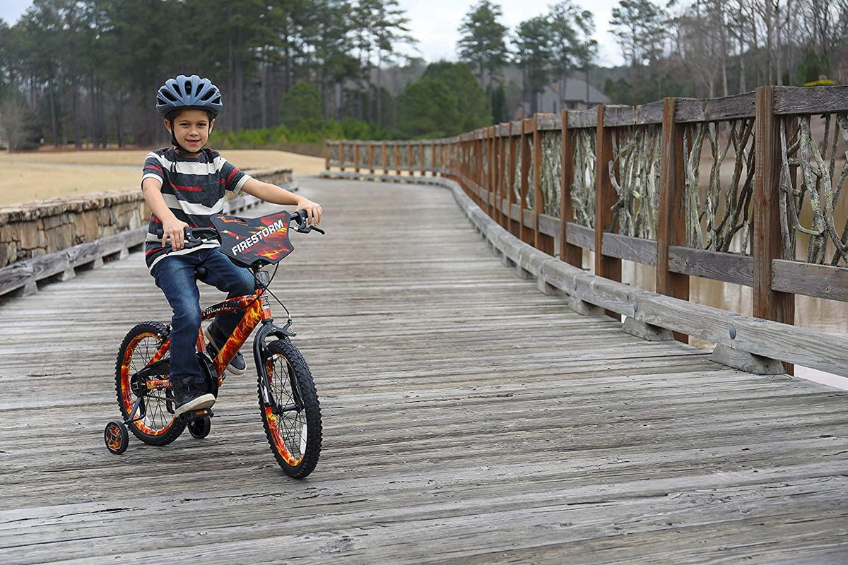 Dycft Your Little Guy is Going to Have a Blast Riding Around, Unique and Exciting 18" Boys Firestorm Bike,with Handlebar Shield,Adjustable,Removable Training Wheels,Front,Rear Caliper Brakes