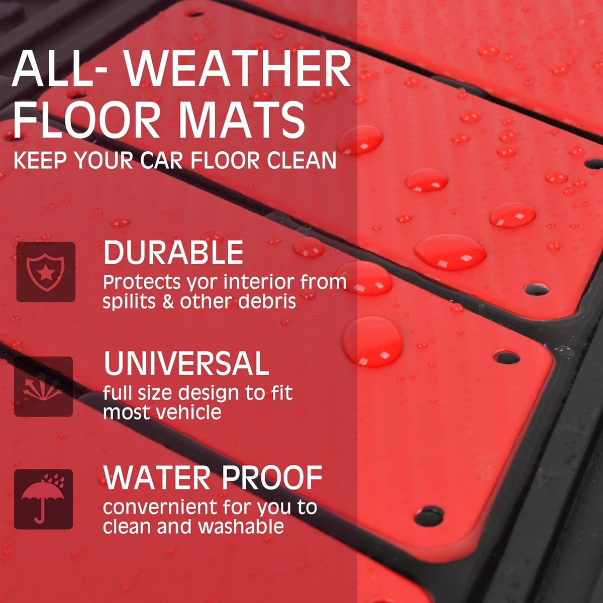 CAR PASS Heavy Duty Rubber Floor Mats 4-Piece Car Mat Set - Universal Waterproof Carbon Fiber Floor Mats for Car SUV Truck, Durable All-Weather Mats(Black and Red)