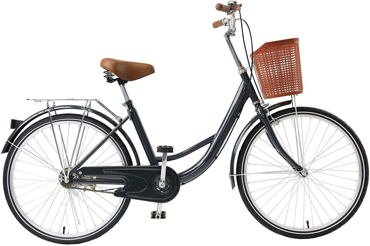 Viribus 24" or 26" Wheels Cruiser Bike, Single Speed Beach Comfortable Commuter Bicycle, High-Carbon Steel Frame, Front Basket &amp; Bell, v-Brake Rear Racks, 85% preinstalled Cream or Blue