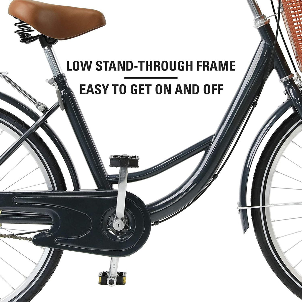 Viribus 24" or 26" Wheels Cruiser Bike, Single Speed Beach Comfortable Commuter Bicycle, High-Carbon Steel Frame, Front Basket &amp; Bell, v-Brake Rear Racks, 85% preinstalled Cream or Blue