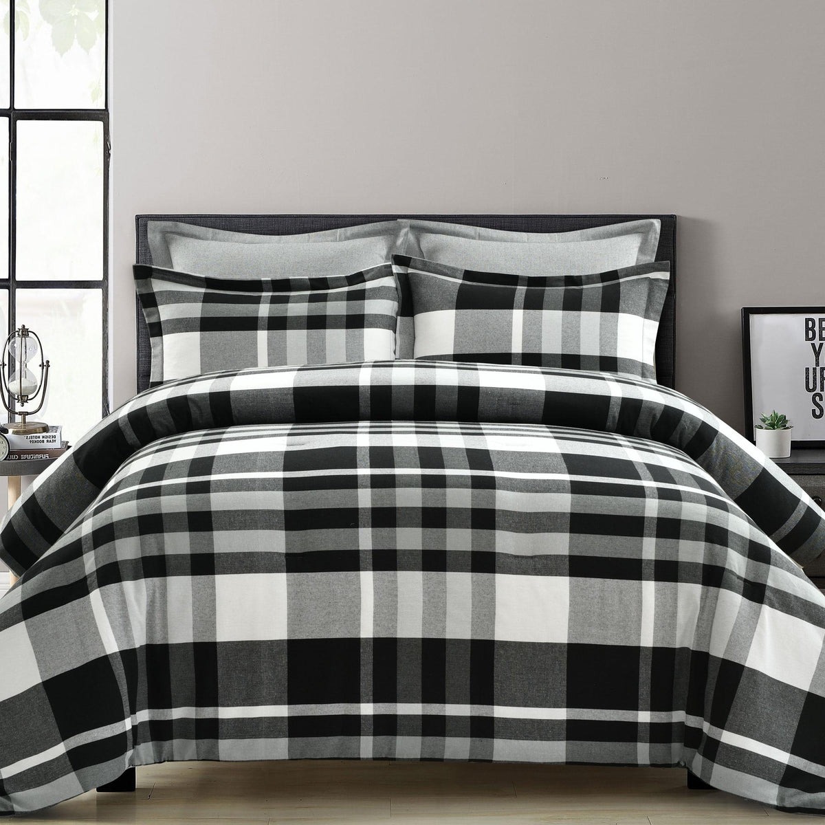 Lush Decor Farmhouse Yarn Dyed Plaid Eco-Friendly Recycled Cotton Reversible Comforter, King, Black/White, 5-Pc Set
