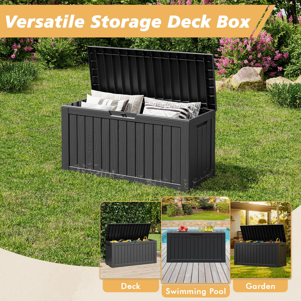 75 Gallon Outdoor Deck Box Waterproof, LarStoraBox for Patio, Resin StoraBench Lockable for Garden Tools, PackaDelivery, Black