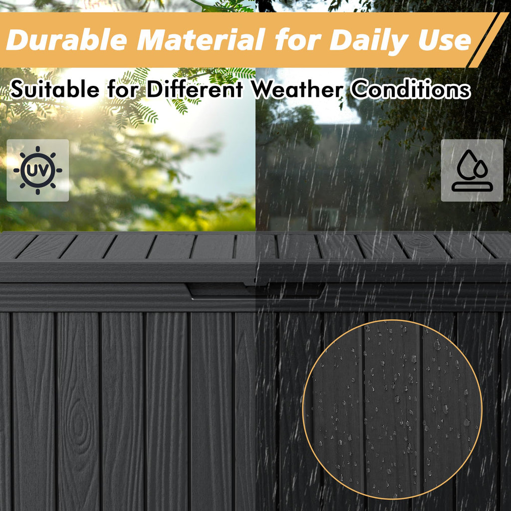 75 Gallon Outdoor Deck Box Waterproof, LarStoraBox for Patio, Resin StoraBench Lockable for Garden Tools, PackaDelivery, Black