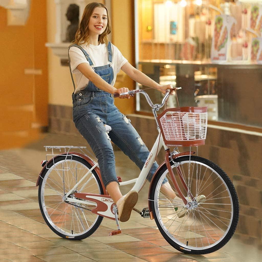 Womens Beach Complete Cruiser Bike, Women 26 Inch Bike for Women Single Speed Bike Comfortable Commuter,26-inch Wheels Classic Retro Bicycles Beach Cruiser Bike w/Front Basket