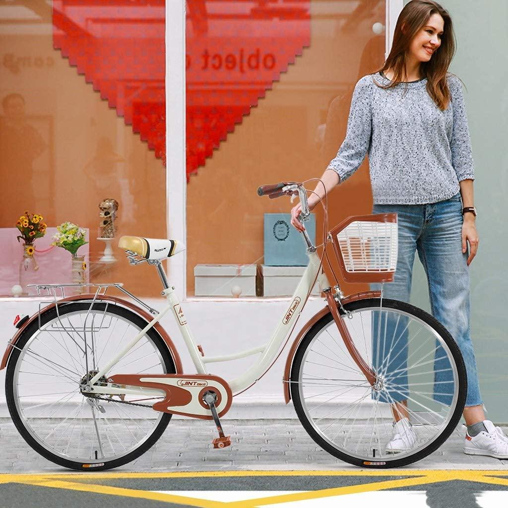 Womens Beach Complete Cruiser Bike, Women 26 Inch Bike for Women Single Speed Bike Comfortable Commuter,26-inch Wheels Classic Retro Bicycles Beach Cruiser Bike w/Front Basket