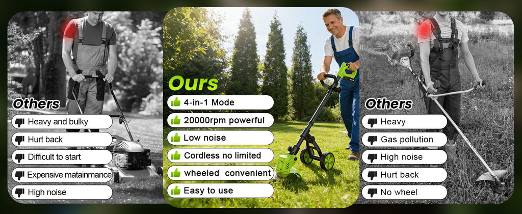 Weed Wacker Battery Powered with Wheel, Electric Weed Eater Cordless Brush Cutter String Trimmer, 4000mAh Stringless Weed Trimmer Lightweight Grass Trimmer Mower, 2 Battery and Charegr