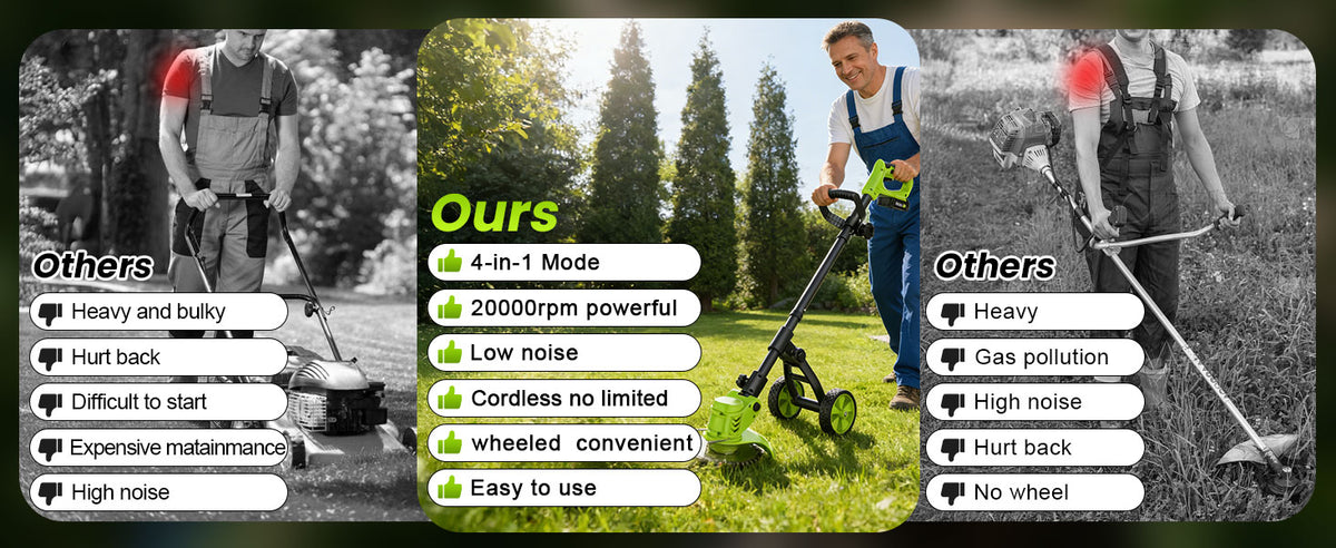 Weed Wacker Battery Powered with Wheel, Electric Weed Eater Cordless Brush Cutter String Trimmer, 4000mAh Stringless Weed Trimmer Lightweight Grass Trimmer Mower, 2 Battery and Charegr