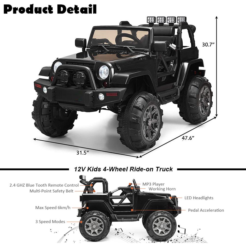 Topcobe Electric Cars for Kids, Black / Red / Pink Gift 12V Kids Ride-On Truck Car w/ Remote Control, 3 Speeds, Spring Suspension, LED Lights