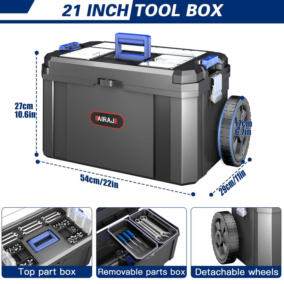 3 IN 1 Rolling Tool Box With Wheels,Stackable Tool Box,Modular Tools StoraOrganizer,Top Small Parts Organizer ,With Removable Small Parts Box,for Home,Repair,GaraStorage,17 IN+19 IN+21 IN