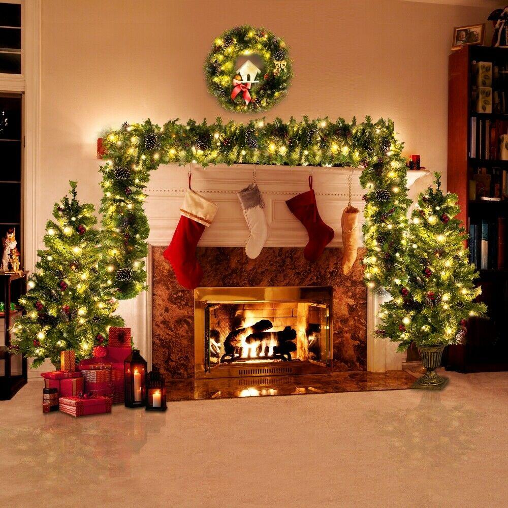 Pre-lit Artificial Christmas 4pcs/Set  Wreath and Set of 2 Entrance Tree