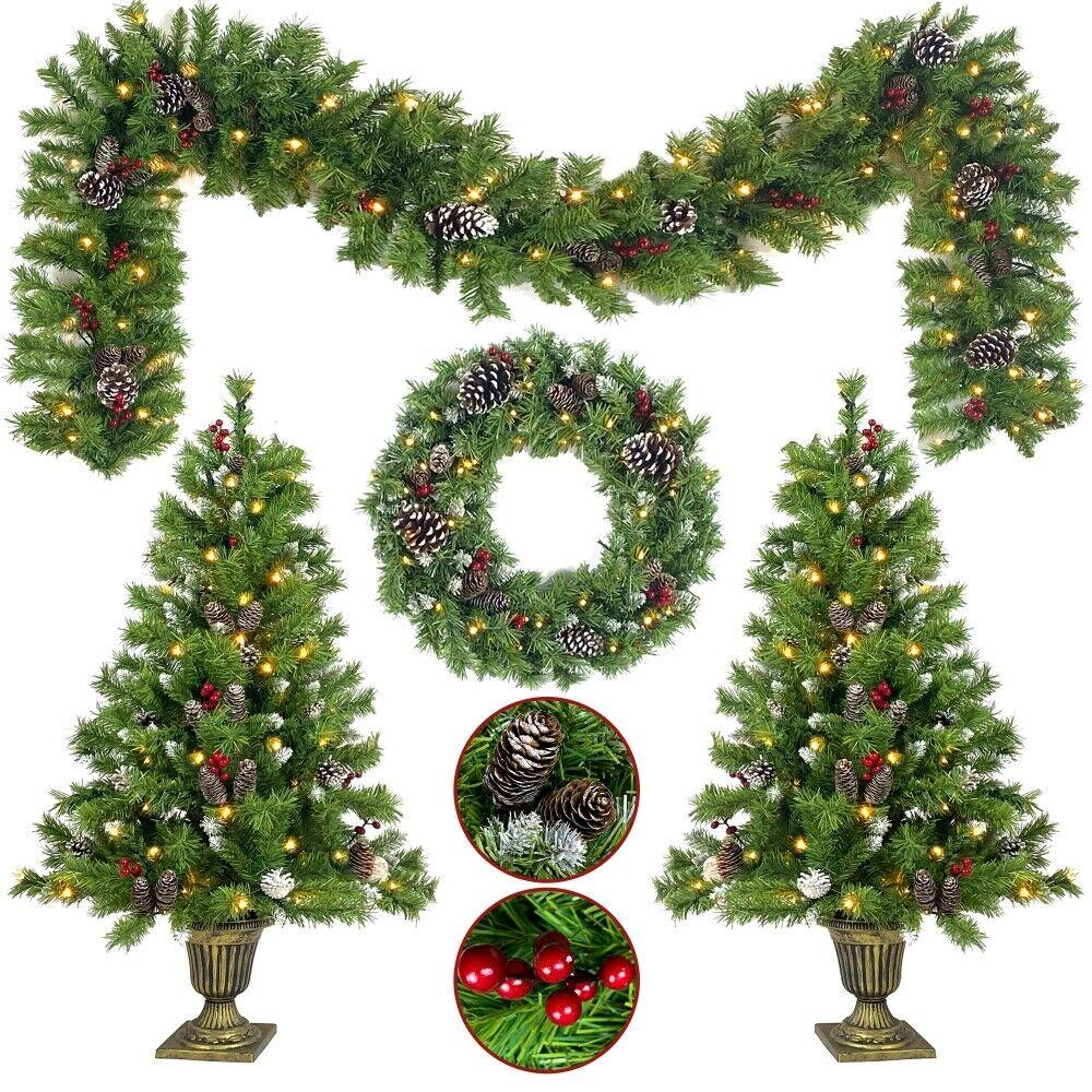 Pre-lit Artificial Christmas 4pcs/Set  Wreath and Set of 2 Entrance Tree