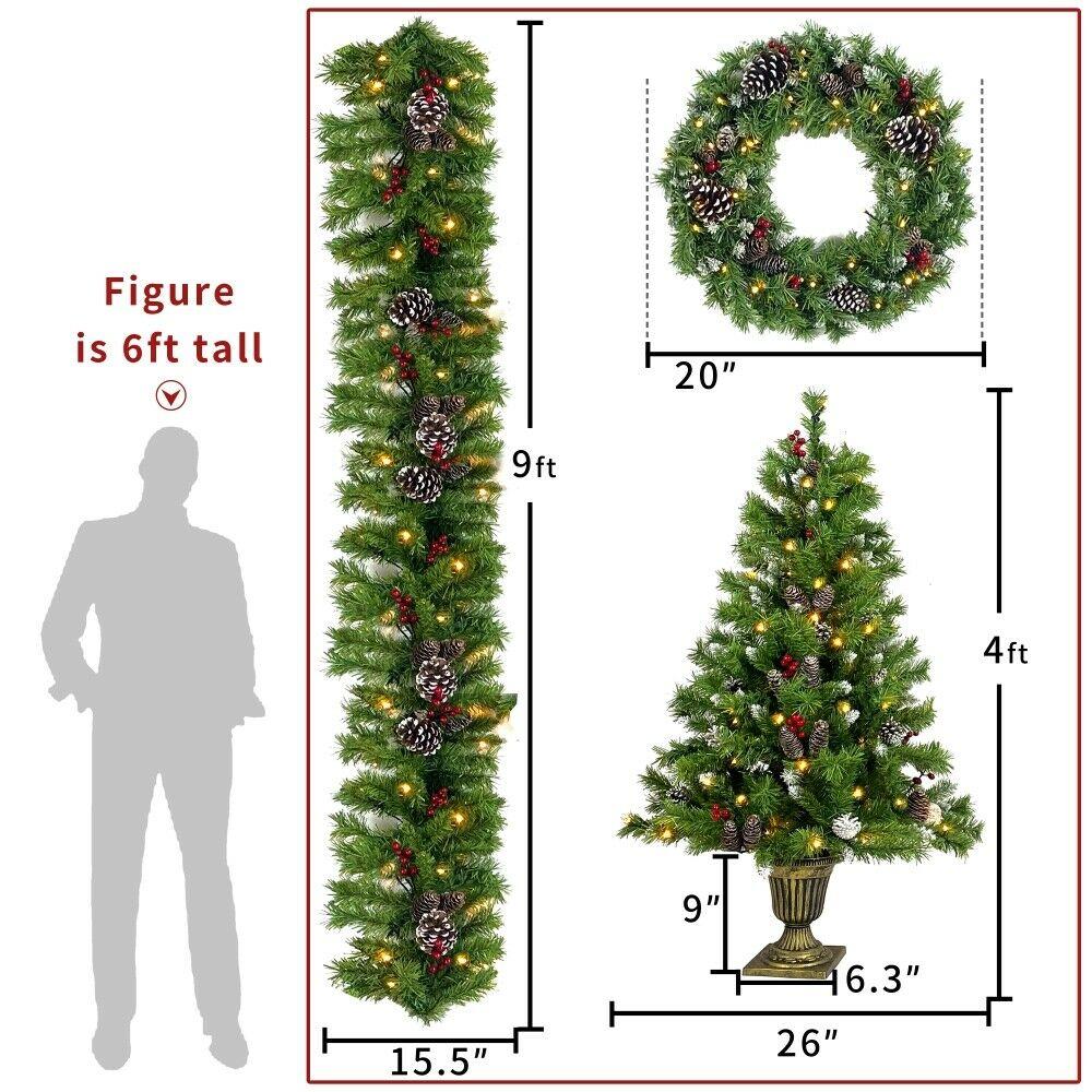 Pre-lit Artificial Christmas 4pcs/Set  Wreath and Set of 2 Entrance Tree