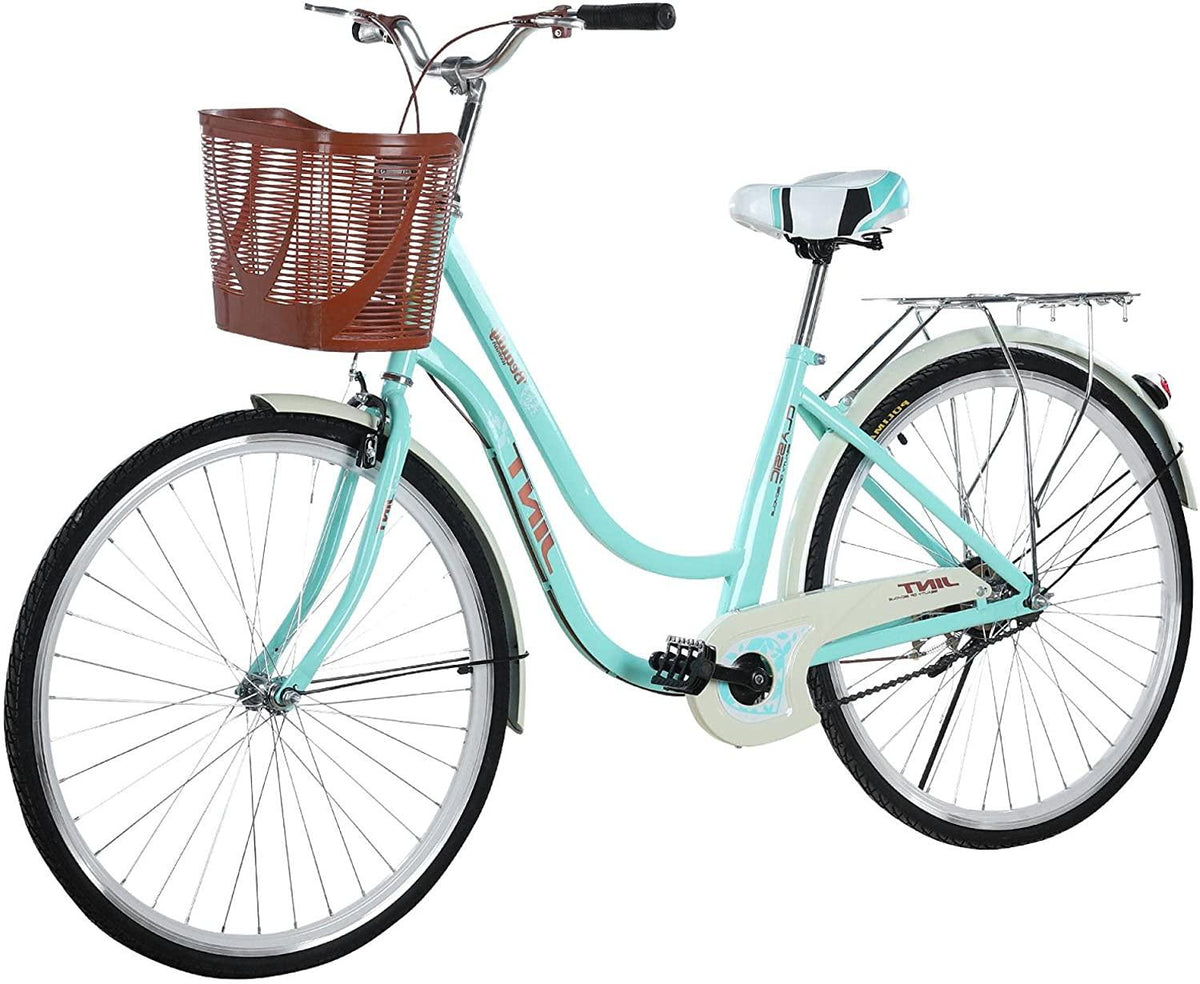 26 Inch Complete Cruiser Bicycles, Single Speed Beach Bike for Women - Classic Retro Bicycle with Front Basket &amp; Rear Racks, Comfortable Road Bikes for Leisure Picnics &amp; Shopping [U.S. Delivery]