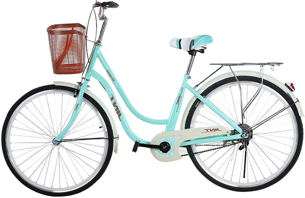 26 Inch Complete Cruiser Bicycles, Single Speed Beach Bike for Women - Classic Retro Bicycle with Front Basket &amp; Rear Racks, Comfortable Road Bikes for Leisure Picnics &amp; Shopping [U.S. Delivery]