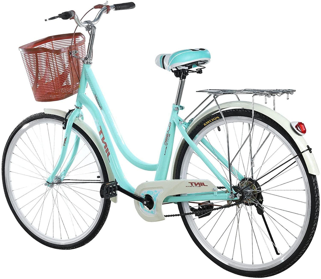 26 Inch Complete Cruiser Bicycles, Single Speed Beach Bike for Women - Classic Retro Bicycle with Front Basket &amp; Rear Racks, Comfortable Road Bikes for Leisure Picnics &amp; Shopping [U.S. Delivery]