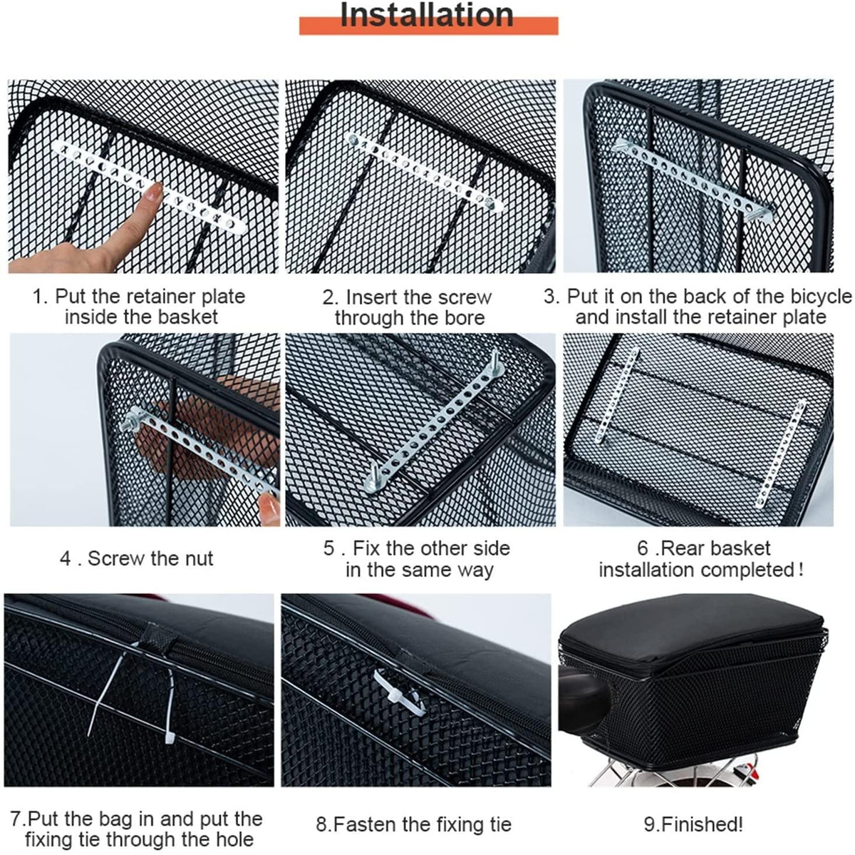 DALIZHAI777 Bike Bag Rear Bike Basket Large Capacity Metal Wire Bicycle Basket with Waterproof Rainproof Cover Black Bicycle Basket, Easy to Install Bicycle Accessories