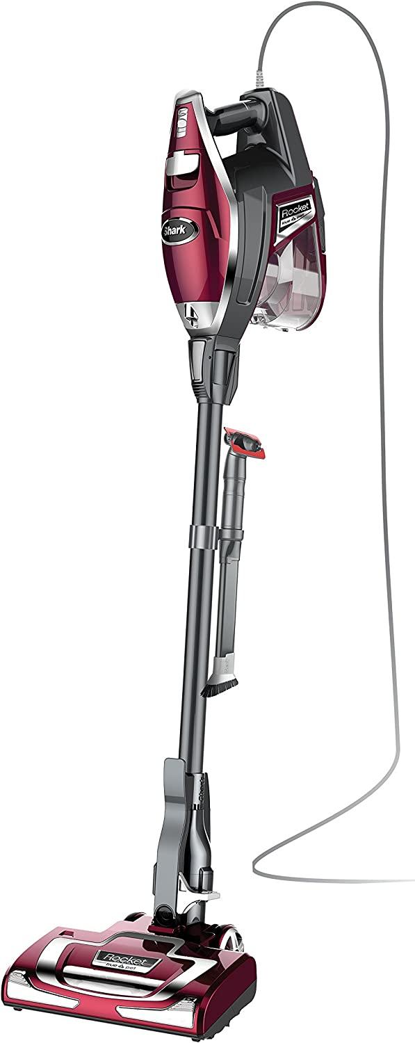 Shark HV322 Rocket Pet Plus Corded Stick Vacuum with LED Headlights, XL Dust Cup, Lightweight, Perfect for Pet Hair Pickup, Converts to a Hand Vacuum, with (2) Pet Attachments, Bordeaux/Silver