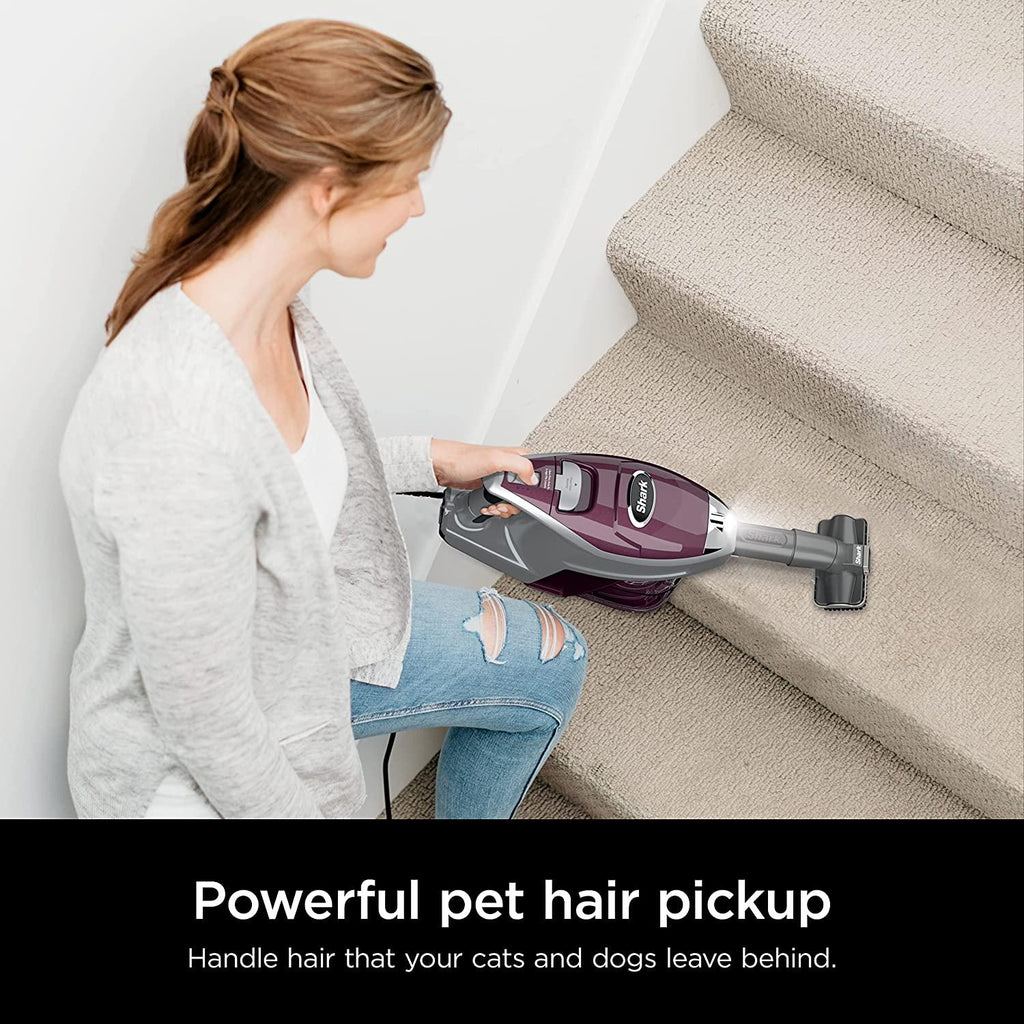 Shark HV322 Rocket Pet Plus Corded Stick Vacuum with LED Headlights, XL Dust Cup, Lightweight, Perfect for Pet Hair Pickup, Converts to a Hand Vacuum, with (2) Pet Attachments, Bordeaux/Silver