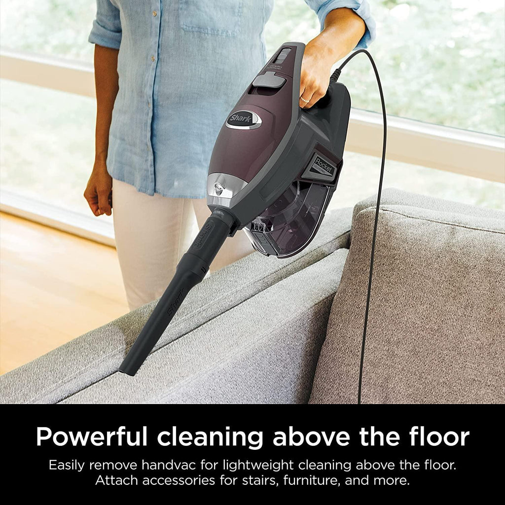 Shark HV322 Rocket Pet Plus Corded Stick Vacuum with LED Headlights, XL Dust Cup, Lightweight, Perfect for Pet Hair Pickup, Converts to a Hand Vacuum, with (2) Pet Attachments, Bordeaux/Silver