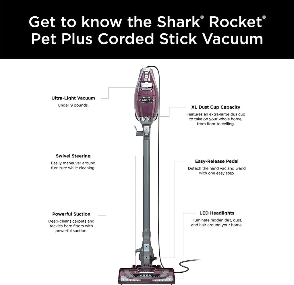 Shark HV322 Rocket Pet Plus Corded Stick Vacuum with LED Headlights, XL Dust Cup, Lightweight, Perfect for Pet Hair Pickup, Converts to a Hand Vacuum, with (2) Pet Attachments, Bordeaux/Silver