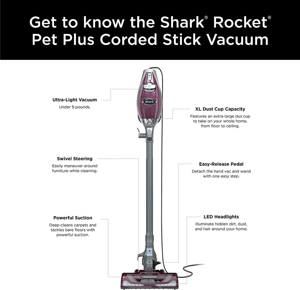 Shark HV322 Rocket Pet Plus Corded Stick Vacuum with LED Headlights, XL Dust Cup, Lightweight, Perfect for Pet Hair Pickup, Converts to a Hand Vacuum, with (2) Pet Attachments, Bordeaux/Silver