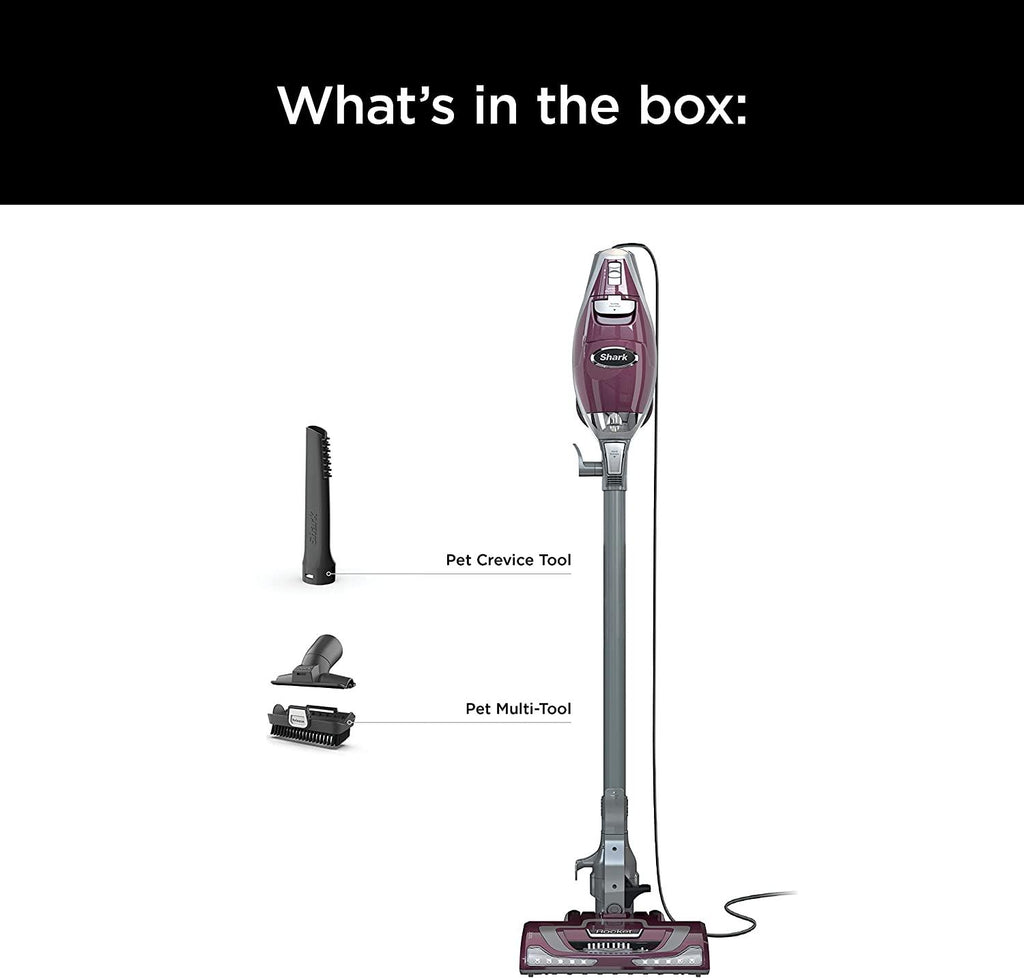 Shark HV322 Rocket Pet Plus Corded Stick Vacuum with LED Headlights, XL Dust Cup, Lightweight, Perfect for Pet Hair Pickup, Converts to a Hand Vacuum, with (2) Pet Attachments, Bordeaux/Silver