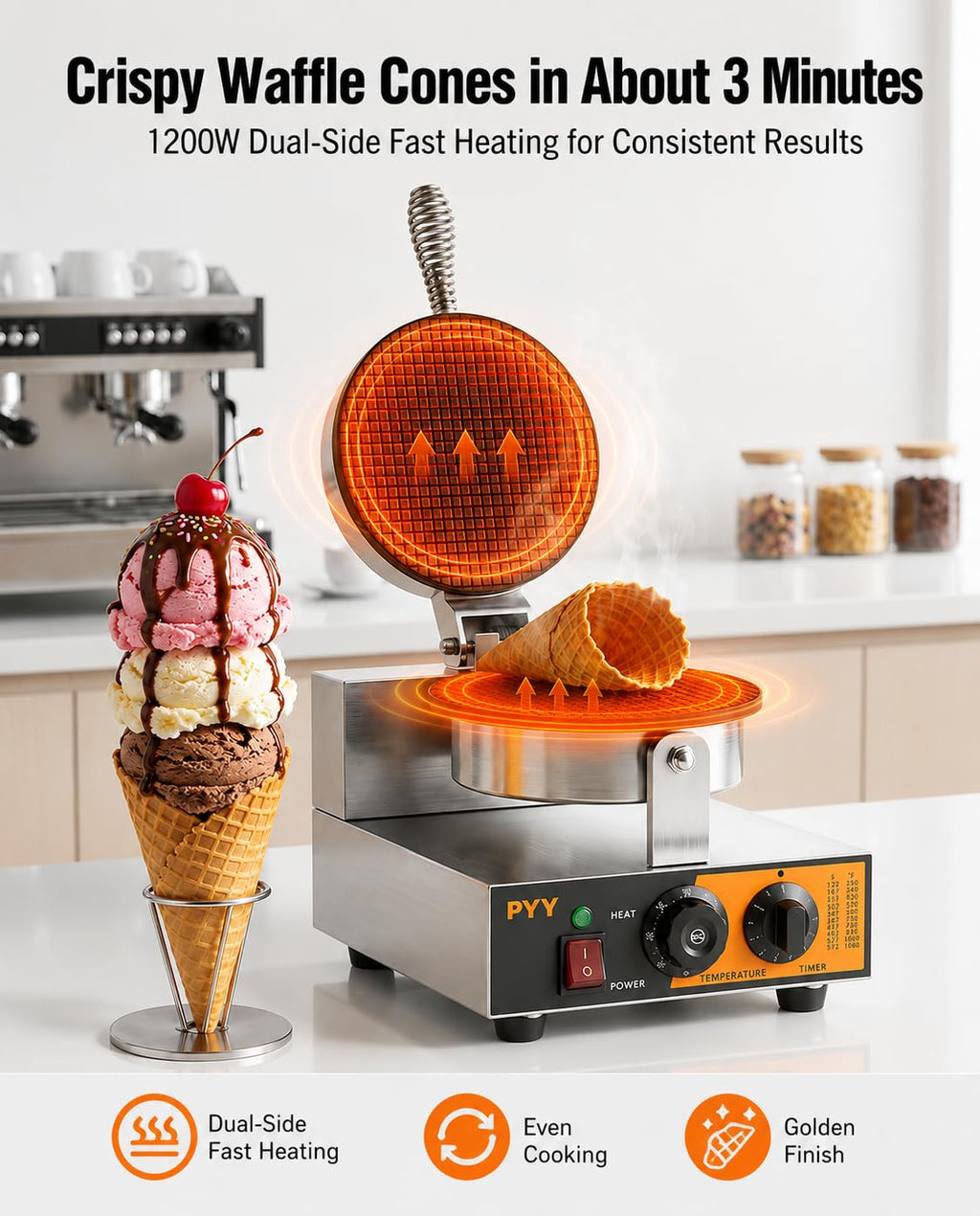 Commercial Waffle Cone Maker Machine, 1200W Ice Cream Cone Maker with Nonstick Plates, Adjustable Temperature & Timer,  Steel Electric Waffle Cone Baker for Ice Cream Shops, Cafes & Home
