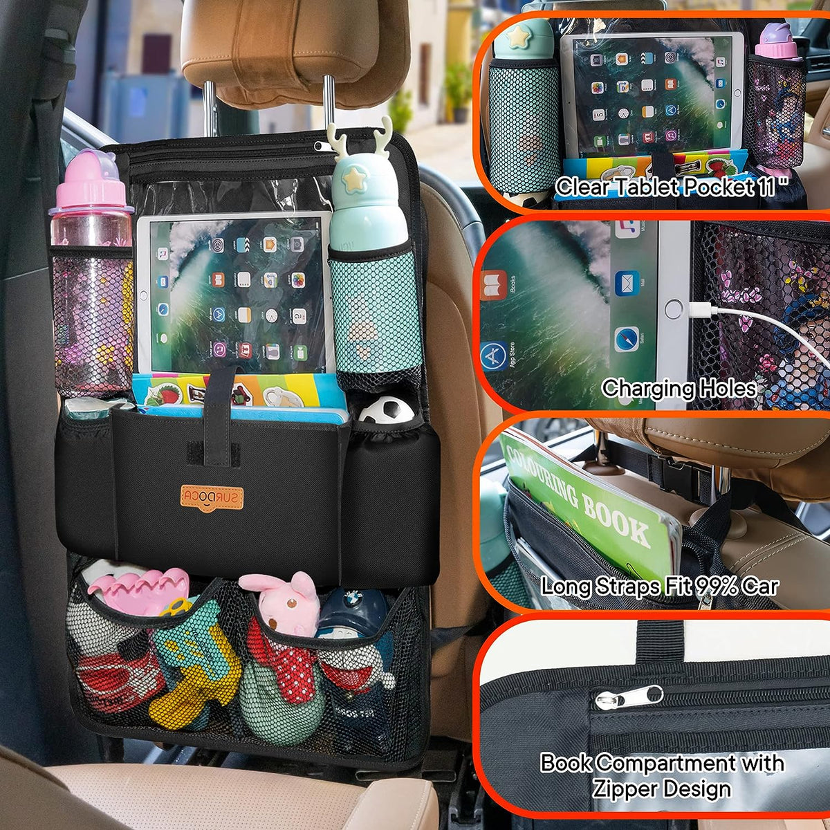 SURDOCA Car Organizers and Storage - Car Seat Organizer with 10.5-inch Clear Tablet Pocket, 4th Generation Backseat Car Organizer with 9 Pockets, Car Accessories for Kids, 2 Pack