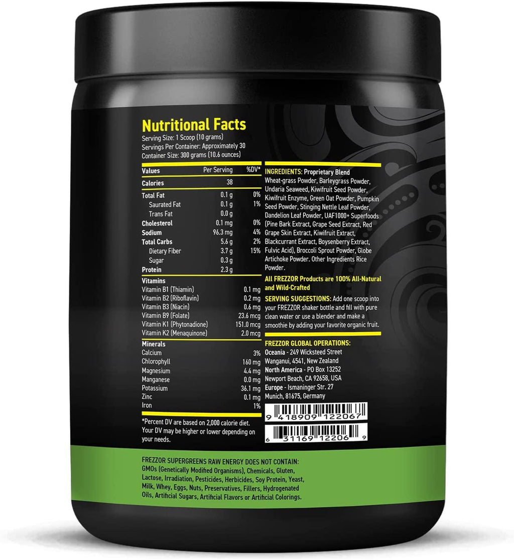 FREZZOR Super Greens Powder with UAF1000+, All-Natural New Zealand Green Fruit & Veggie Supplement, Energy, Vital Raw Veggies, ORAC Antioxidants, Enzymes, Detox & Cleanse, 1.2kg, 120 Serves, 4 Jars