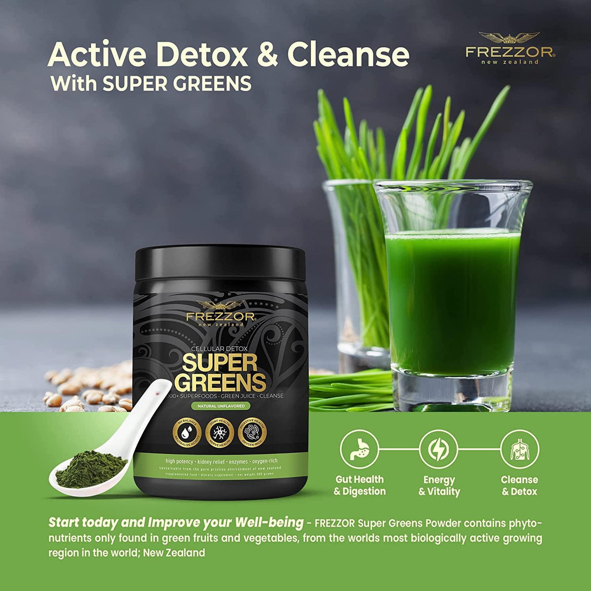FREZZOR Super Greens Powder with UAF1000+, All-Natural New Zealand Green Fruit & Veggie Supplement, Energy, Vital Raw Veggies, ORAC Antioxidants, Enzymes, Detox & Cleanse, 1.2kg, 120 Serves, 4 Jars