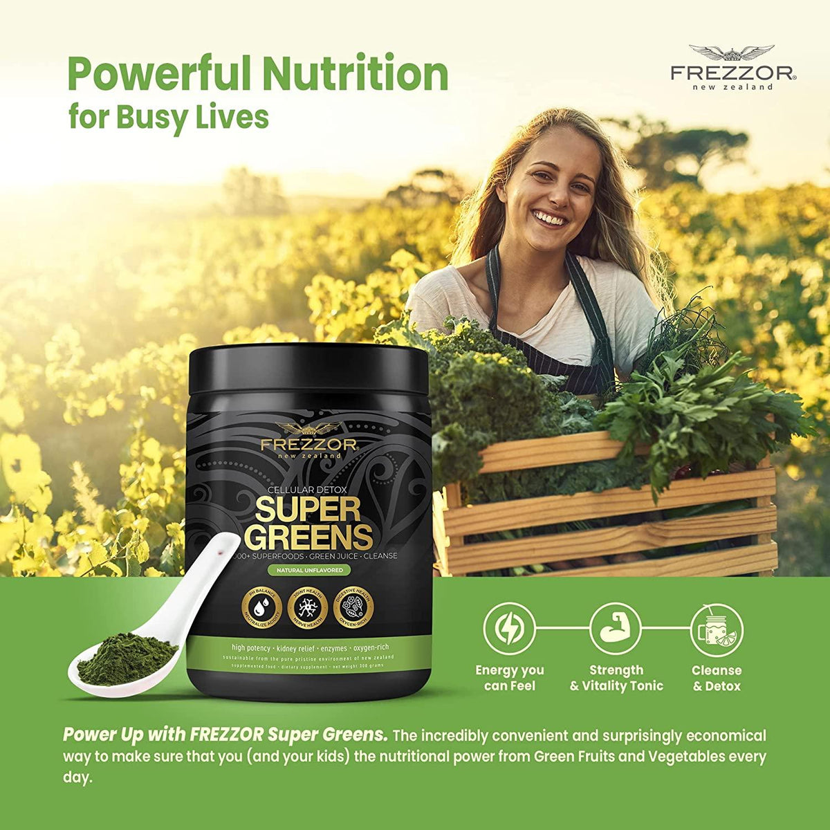 FREZZOR Super Greens Powder with UAF1000+, All-Natural New Zealand Green Fruit & Veggie Supplement, Energy, Vital Raw Veggies, ORAC Antioxidants, Enzymes, Detox & Cleanse, 1.2kg, 120 Serves, 4 Jars