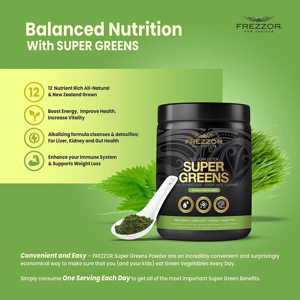 FREZZOR Super Greens Powder with UAF1000+, All-Natural New Zealand Green Fruit & Veggie Supplement, Energy, Vital Raw Veggies, ORAC Antioxidants, Enzymes, Detox & Cleanse, 1.8kg, 180 Serves, 6 Jars