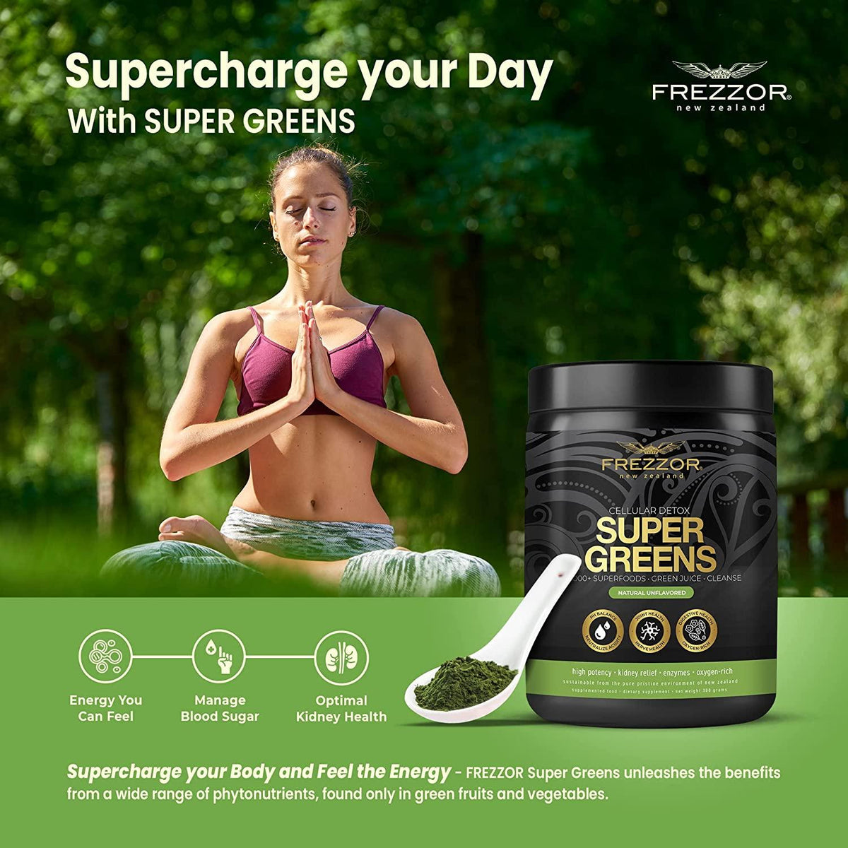 FREZZOR Super Greens Powder with UAF1000+, All-Natural New Zealand Green Fruit & Veggie Supplement, Energy, Vital Raw Veggies, ORAC Antioxidants, Enzymes, Detox & Cleanse, 1.8kg, 180 Serves, 6 Jars