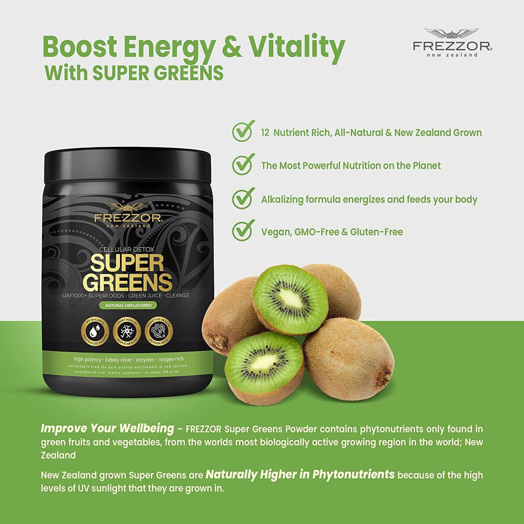 FREZZOR Super Greens Powder with UAF1000+, All-Natural New Zealand Green Fruit & Veggie Supplement, Energy, Vital Raw Veggies, ORAC Antioxidants, Enzymes, Detox & Cleanse, 1.8kg, 180 Serves, 6 Jars