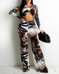 long sleeve cutout animal print crop top &amp; pants set