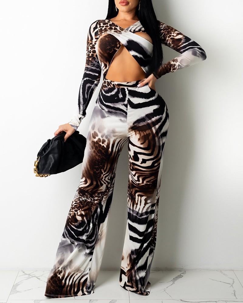 long sleeve cutout animal print crop top &amp; pants set