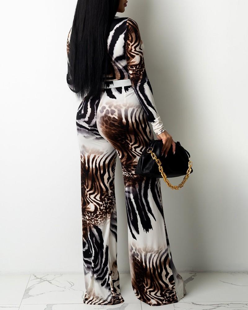 long sleeve cutout animal print crop top &amp; pants set