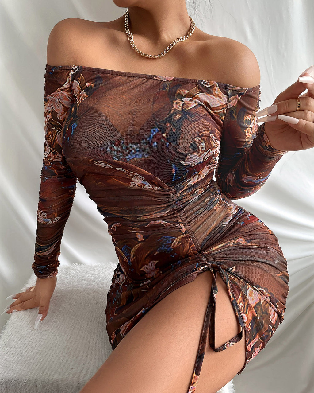 Floral Print See Through Drawstring Ruched Bodycon Dress