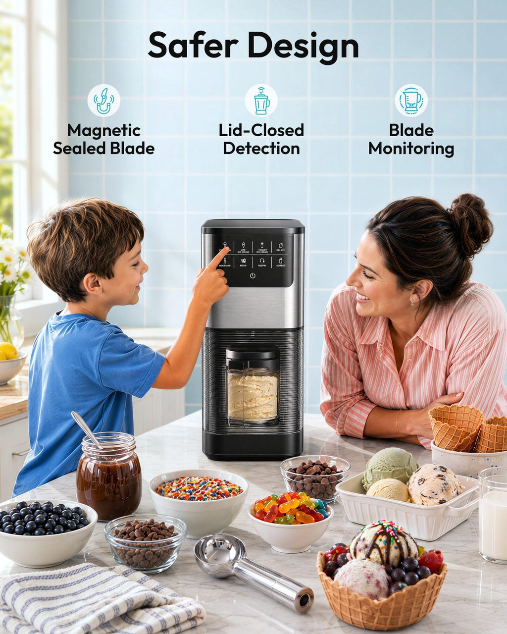 Ice Cream Maker, 7-in-1 Ice Cream Machine for Gelato, Sorbet & Milkshakes, 1 Pint Compact Homemade Dessert Maker with Re-Spin for Keto, Protein & Healthy Treats
