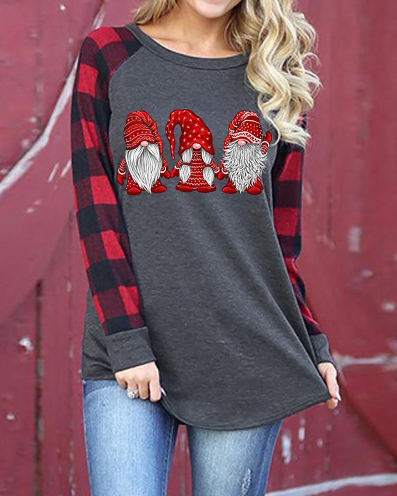 Christmas Gnome SVG Plaid Print Long Sleeve Top