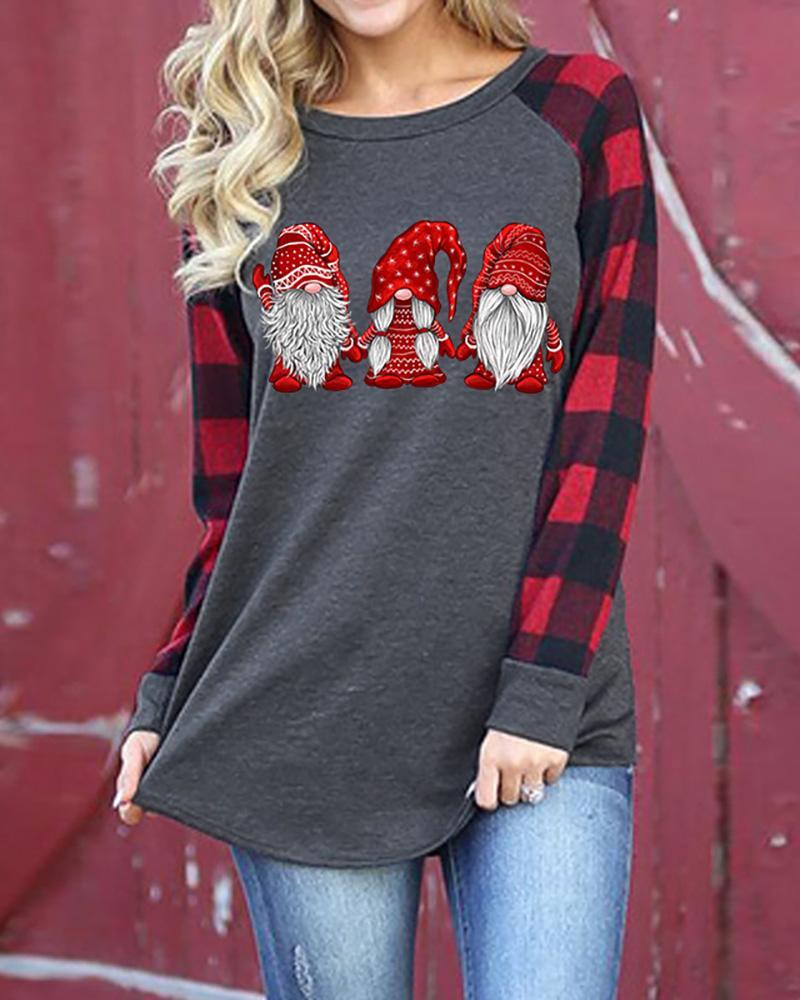 Christmas Gnome SVG Plaid Print Long Sleeve Top