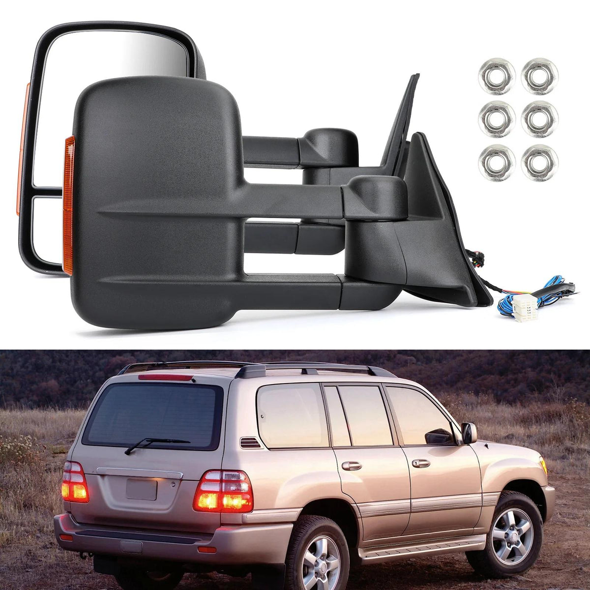 Black Electric Towing Caravan Mirrors For 100 Series Toyota Landcruiser 98-07 Generic