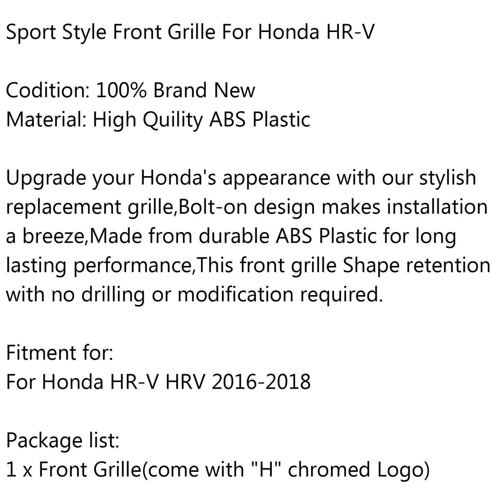 Front Grille Sport Style Chrome Black Glossy Grill Trim For Honda HR-V HRV 16-18 Generic